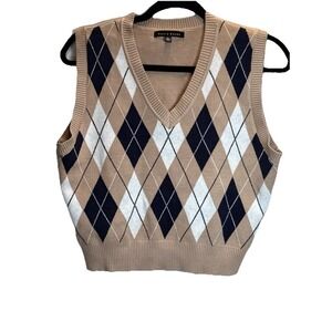 Haute Monde Crop Top Womens‎ Small Tan Argyle Sleeveless Cropped Sweater Viscose